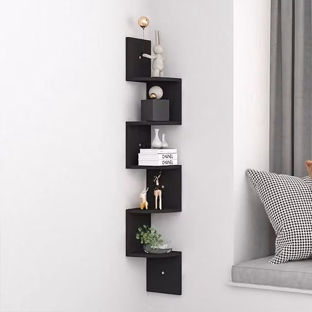 Lifeideas 5-Tier Black Matt Wooden Geometric Zigzag Floating Corner Shelf