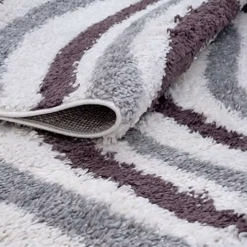 THE RUGS Soft Shaggy Round Area Rug with Modern Abstract Wave Design in Grey and Purple, Diameter: 120 cm – 4