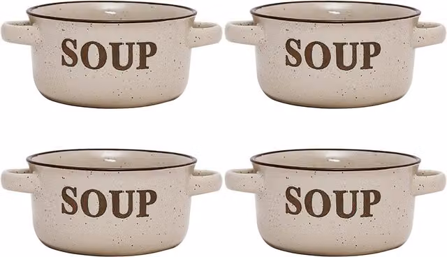 Dibor Set of 4 Classic Peppered Cream Soup Bowls in Beige Ceramic, H 7 cm x Dia 13.4 cm