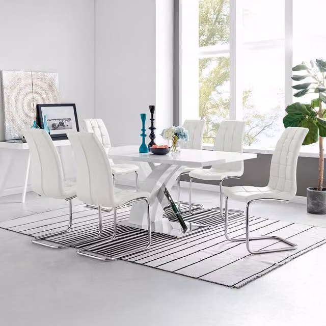 FurnitureboxUK Atlanta Rectangle White High Gloss Dining Table and 6 Murano Chairs with Chrome Metal Details