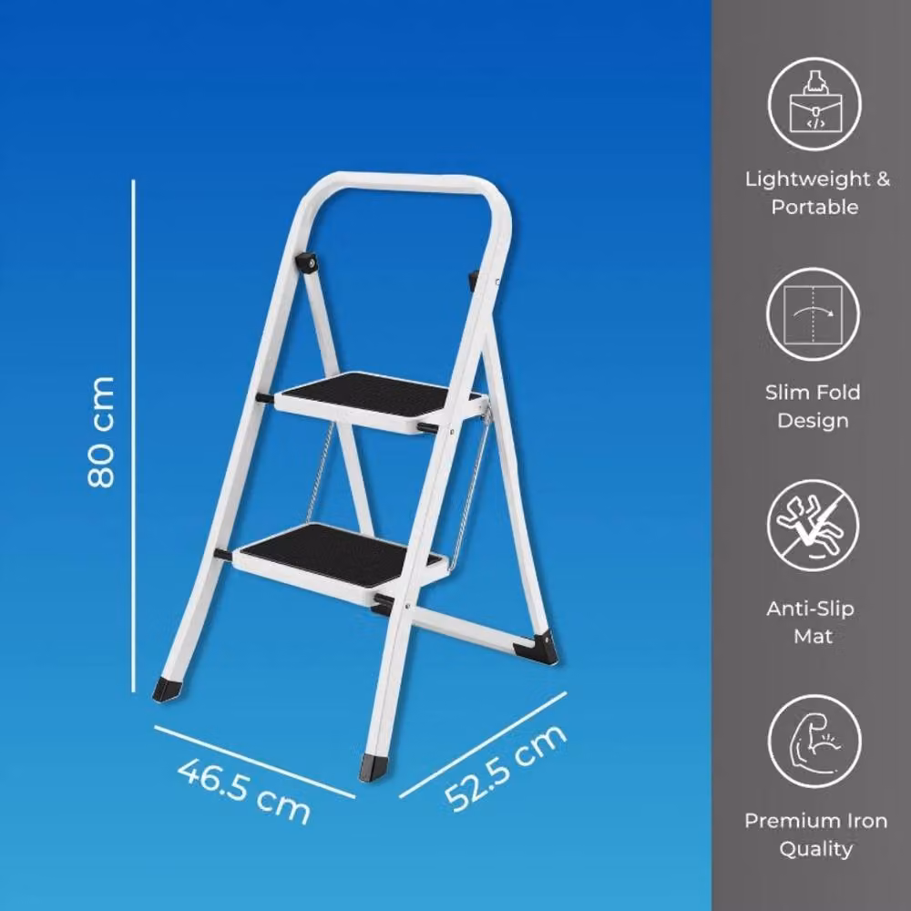 Kelvenix 2 Step Ladder in White with Anti-Slip Treads and Rubber Feet – 2