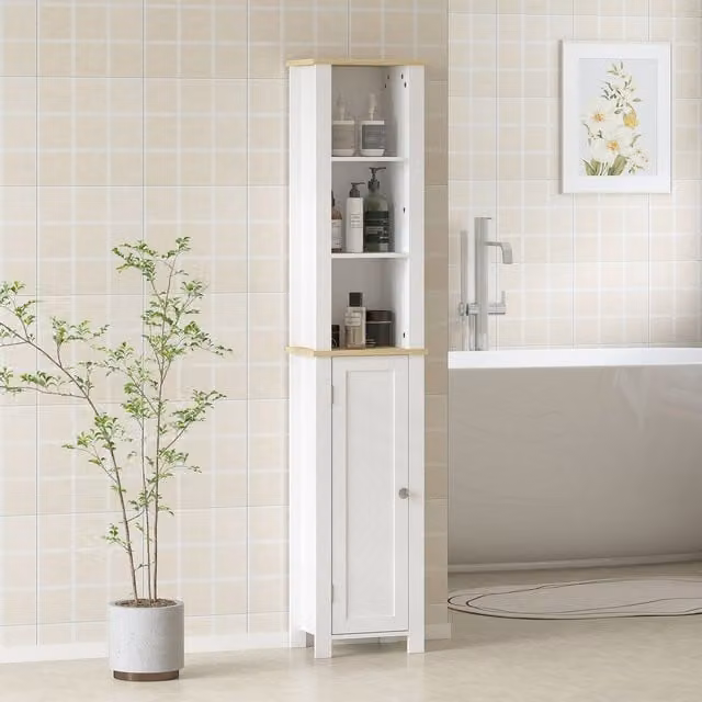 Kleankin Slim Bathroom Storage Unit with Open Compartment and Hinged Doors, White and Grey – 1