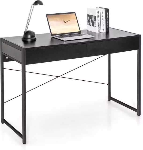 Kelvenix Modern Wooden Computer Desk in Black with Dual Pedestal and X-Frame Support