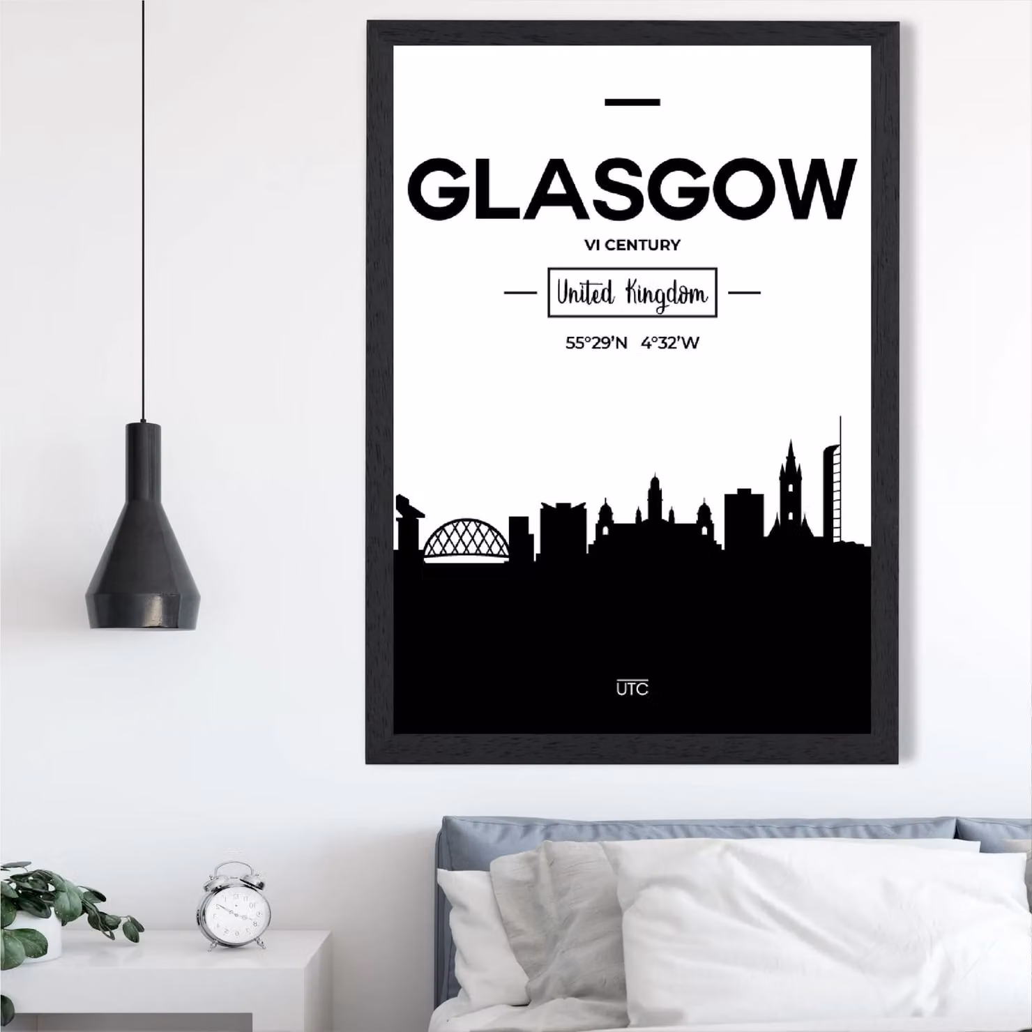 ARTZE Glasgow Black and White City Skyline Framed Paper Poster, A2, Black Frame – 2