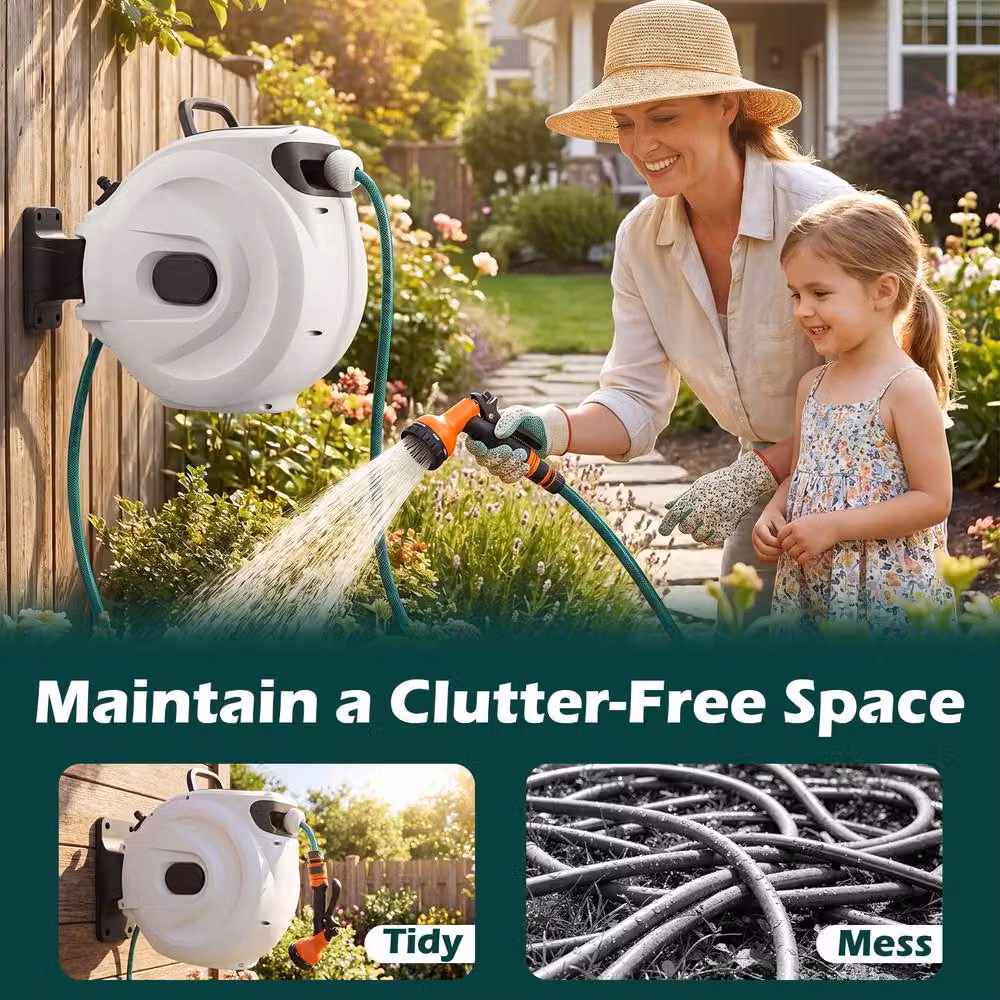 Gymax White Wall-Mounted Retractable Hose Reel with Auto-Rewind, 1/2 Inch, 20m + 2m – 3