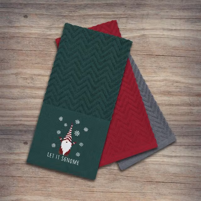 Noel Square Pack of 3 Highly Absorbent Cotton Tea Towels, Xmas Gonks Design, Green and Multicolour