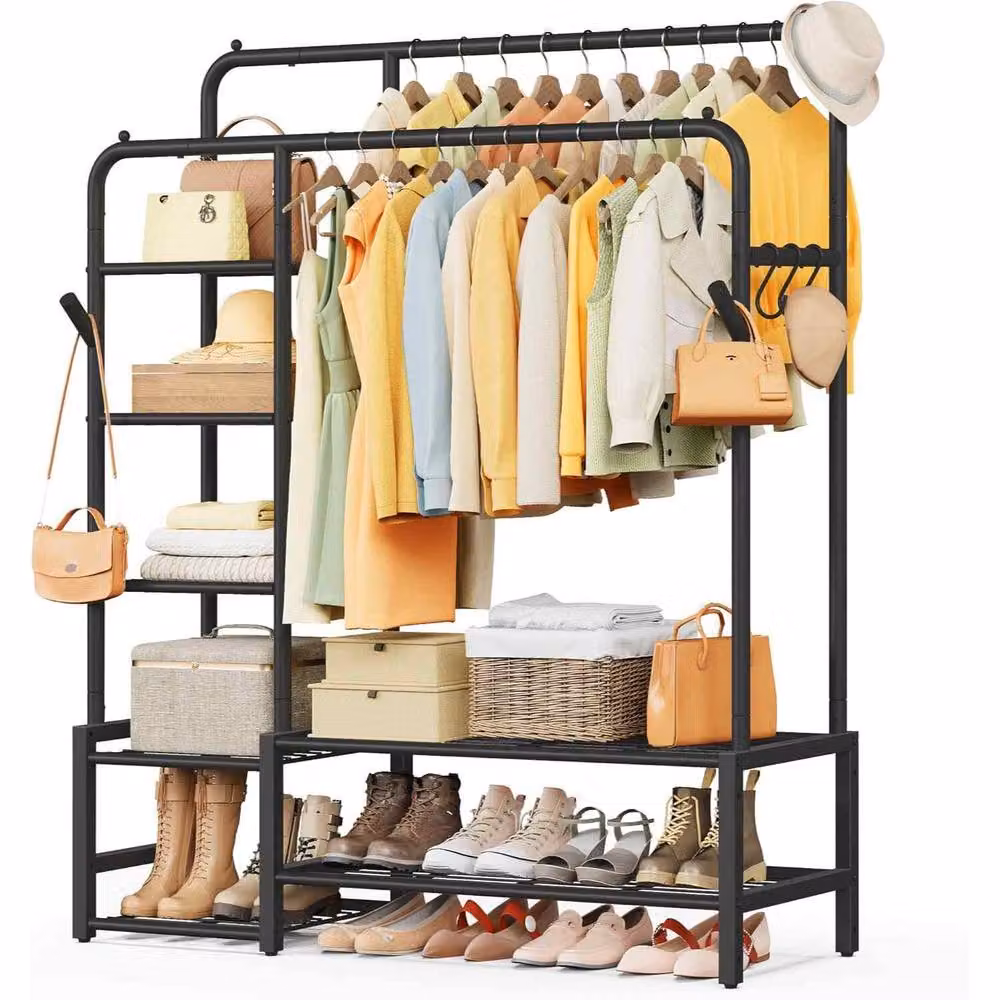The Bazaarist Heavy Duty Open Wardrobe with 7 Shelves and Double Rails, Black – 2