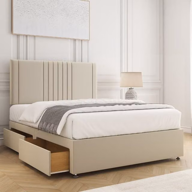 BSSPOKE Monaco Velvet Divan Bed Set with 24 inch Headboard, 2 Drawers, Footend and Mattress in Cream, Super King, W/D/H: 200 x 200 cm