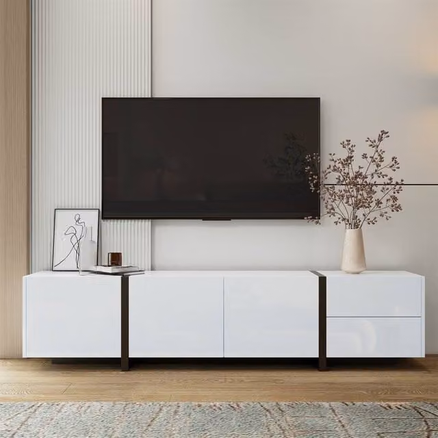 ModernLuxe High Gloss White Wood TV Unit with Drawers and Doors, W: 170.0 cm, D: 40.0 cm, H: 29.5 cm