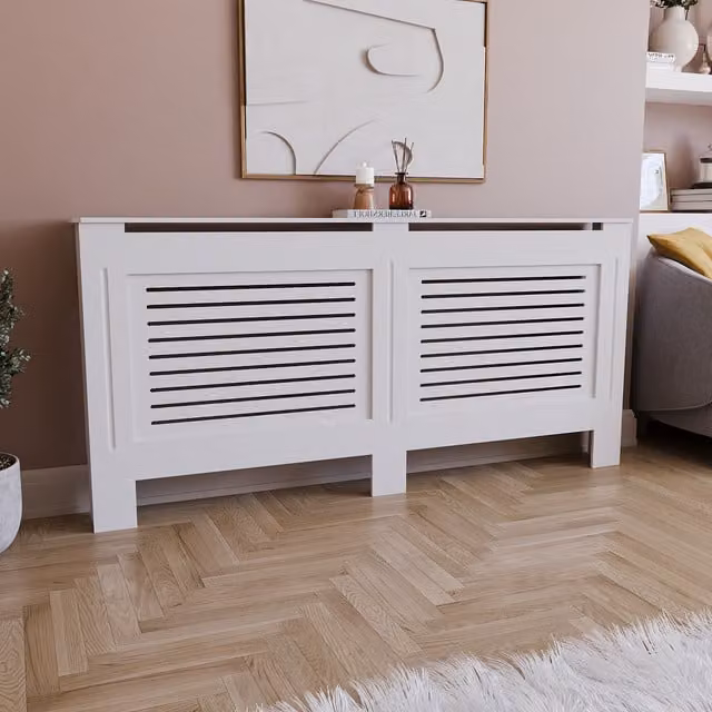 Vida Designs Chelsea White Radiator Cover with Shelf and Grid Pattern