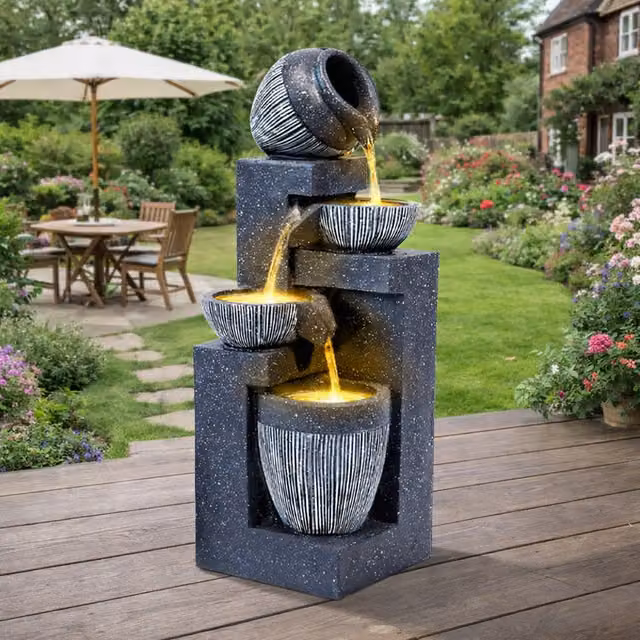 Darphe Grey Rustic Stone Effect Solar Powered Freestanding Garden Water Fountain with Lights