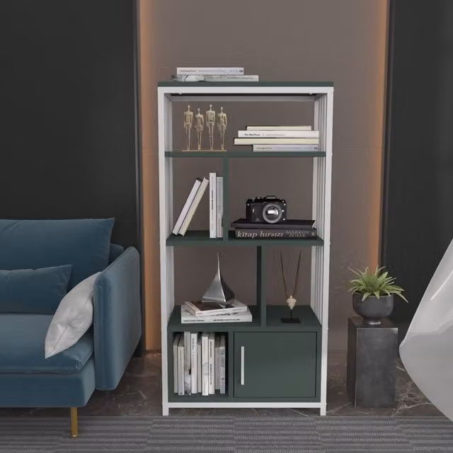Decorotika Valero 4-Tier Bookcase with Cabinet in White and Silva Green