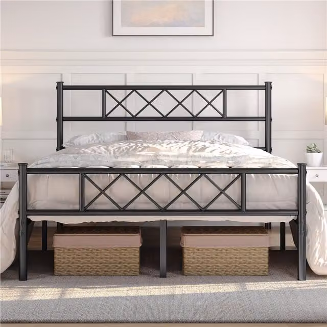 Yaheetech Black Lacquered Metal Industrial Bed Frame with Geometric Design, W/D/H: 180 x 200 cm
