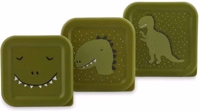 Trixie Mr. Dino Nesting Snackboxes in Green, Stackable and Dishwasher Safe Plastic Snackboxes with Snap Lids