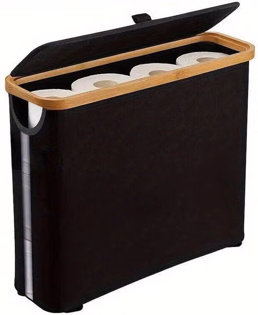 KORVIXA Black Waterproof Bamboo Toilet Paper Storage Basket with Lid