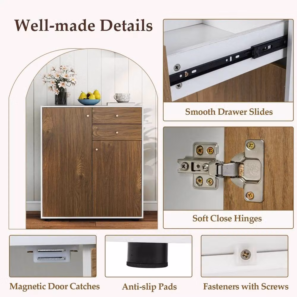 VOGREX Natural Kitchen Sideboard Buffet Cabinet with Adjustable Shelves in Brown and White – 5