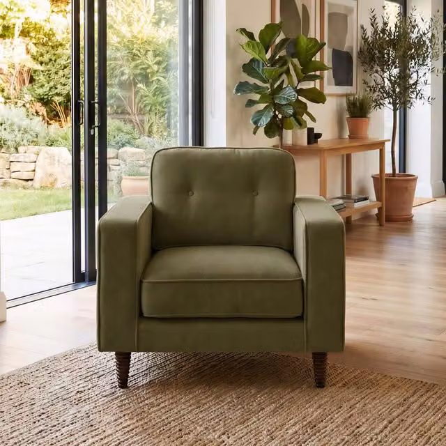 Furniturebox UK Jasper Green Linen-Look Fabric Tub Armchair with Solid Wood Frame