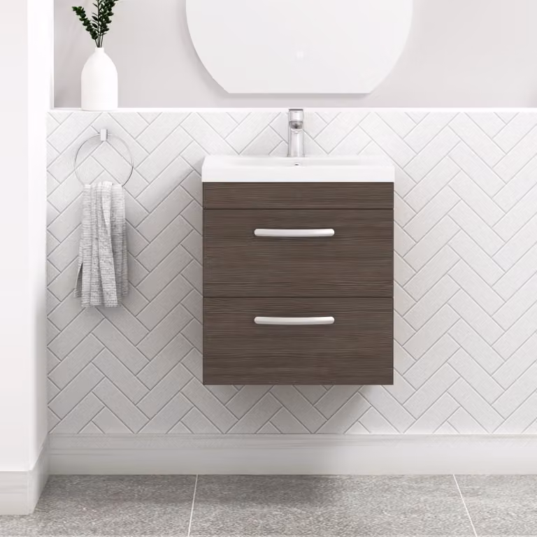 Royal Bathrooms Turin 500mm Wall Hung Vanity Unit in Grey Elm with 2 Drawers and Soft Close Doors