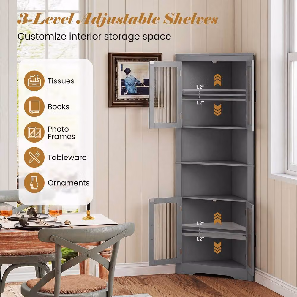 Costway 6-Tier Corner Storage Cabinet with 4 Glass Doors, Grey, Height: 170 cm – 6