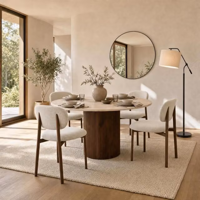 Furniturebox UK Penrose Round Cream Marble Effect Dining Table and 4 Mirelle Chairs in Light Grey, Diameter: 120 cm