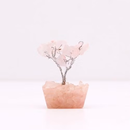 Thunder Tribes KDMD Mini Rose Quartz Crystal Energy Tree with Orgonite and Wood Base in Pink