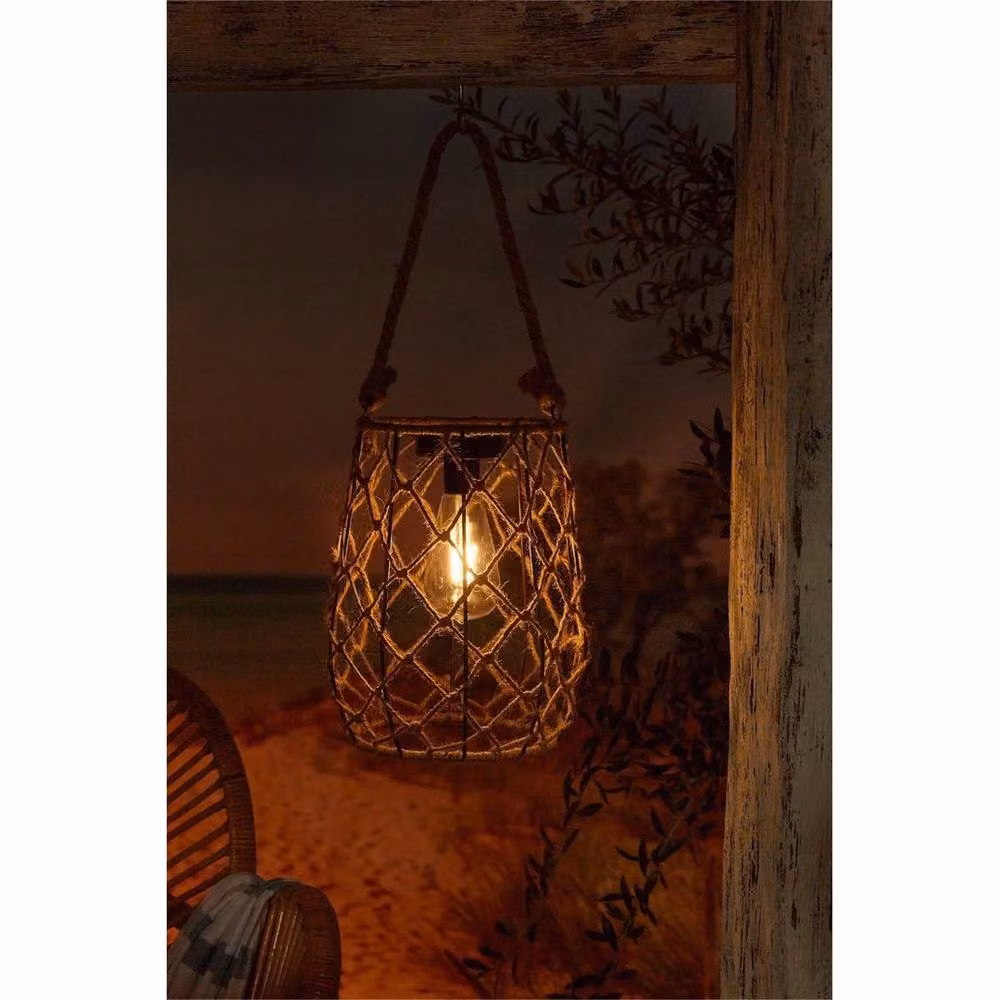 NESTLUNE Solar Natural Rope Tabletop Lantern in Brown with 15 Lumens Warm White Light – 5