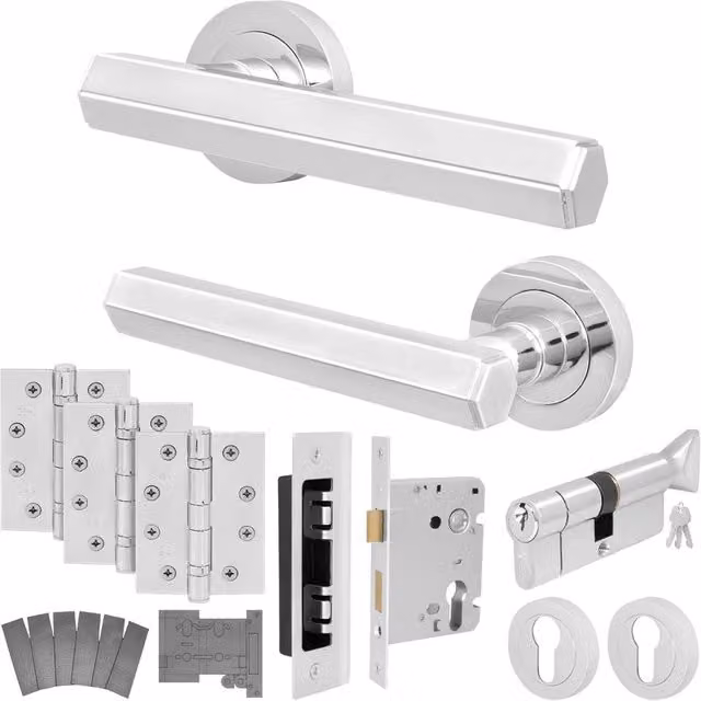 AFIT Chrome Fire Door Handle Set with Euro Lock, Thumbturn, Cylinder and Hinges in Silver, W/D/H: 15.5 x 15 x 15 cm