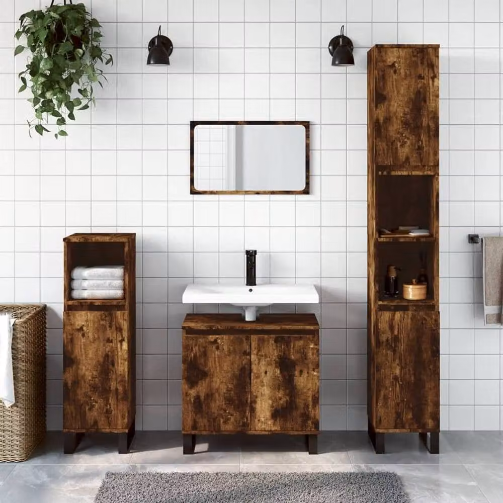 Berkfield Home 3 Piece Modern Bathroom Cabinet Set in Smoked Oak Brown – 1