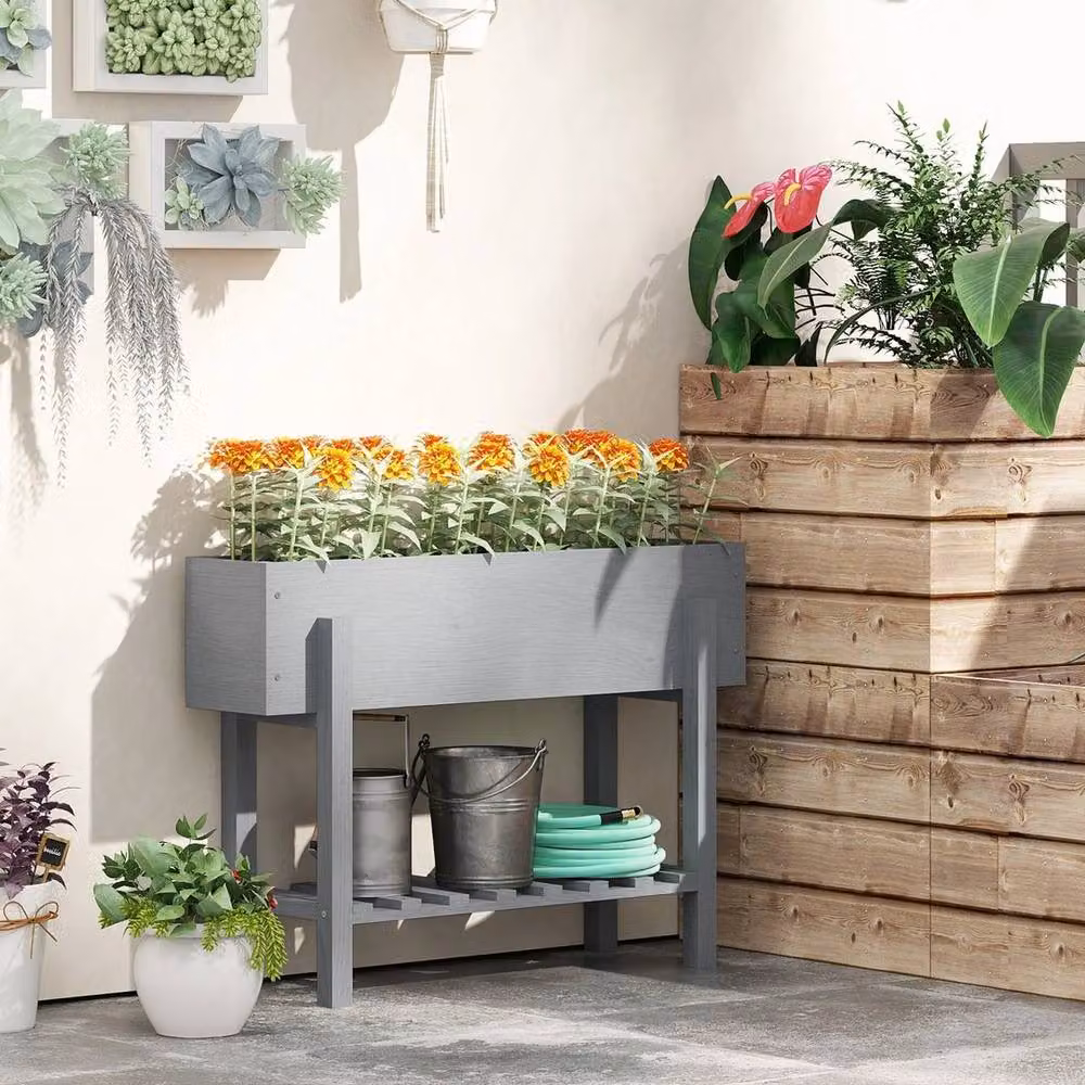 Kelvenix Wooden Raised Bed with Bed Liner and Storage Shelf, Grey, W/D/H: 100 x 70.5 x 35 cm – 4