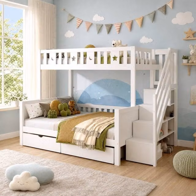 STILVORA White Solid Wood Bunk Bed with Two Levels, Stairs and Drawers for Children, W/D/H: 90 x 190 x 175.44 cm
