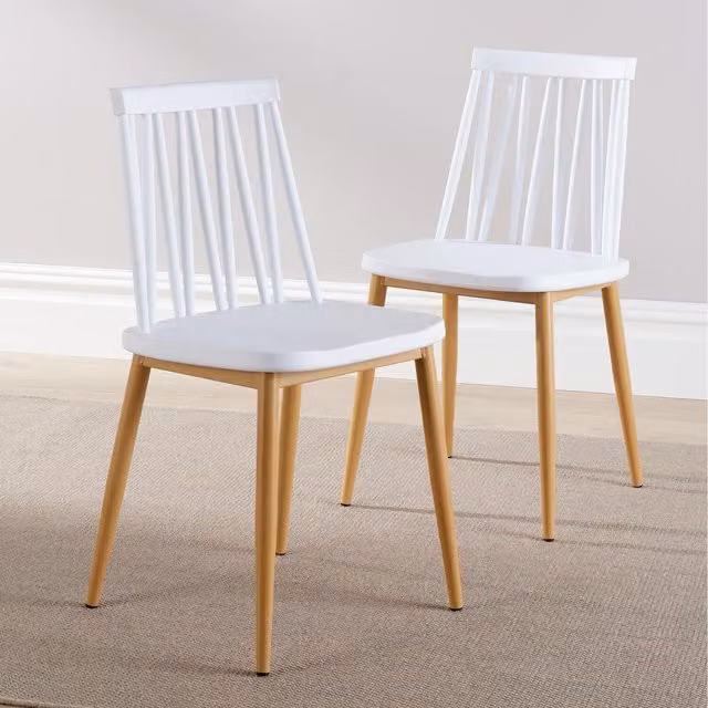 Home Source Lucy Dining Chairs Pair in White Scandinavian Style with Fabric and Metal Details