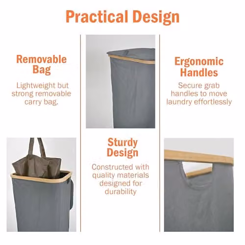 Libbi Lou Grey Bamboo Laundry Basket and Storage Hamper with Removable Inner Bag, 100L, W: 43 cm, D: 32 cm, H: 75 cm – 2