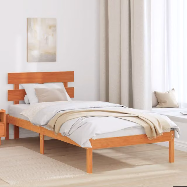 Berkfield Home Solid Wood Pine Bed Frame with Headboard in Wax Brown, W/D/H: 80 x 200 cm