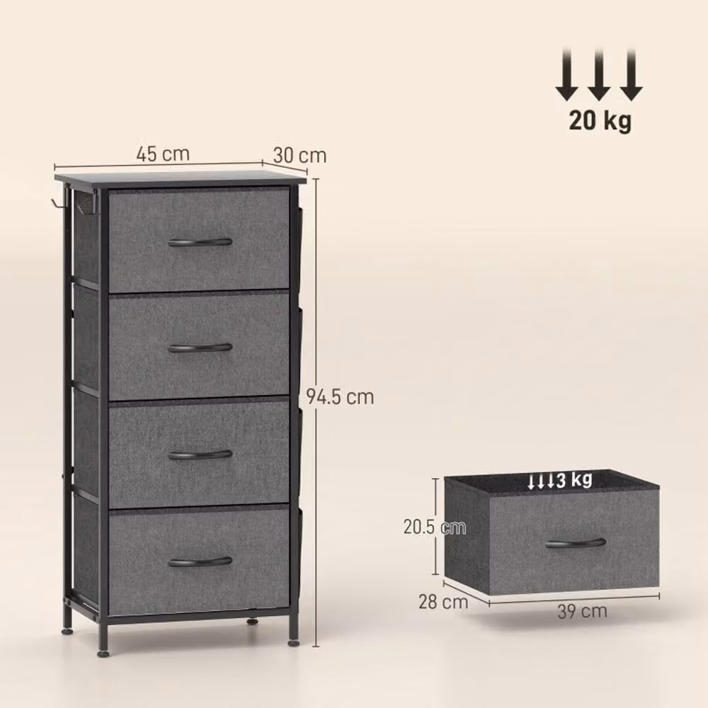 STILVORA Modern Grey Chest of Drawers with 4 Fabric Drawers and Steel Frame – 3