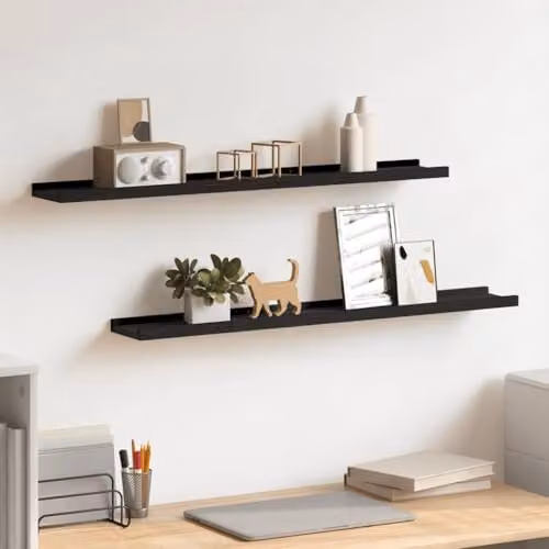 vidaXL Set of 2 Black MDF Picture Frame Ledge Shelves, W: 80 cm, D: 9 cm, H: 3 cm – 2