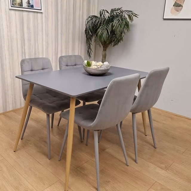 Kosy Koala Grey Wooden Dining Table Set with 4 Grey Velvet Chairs