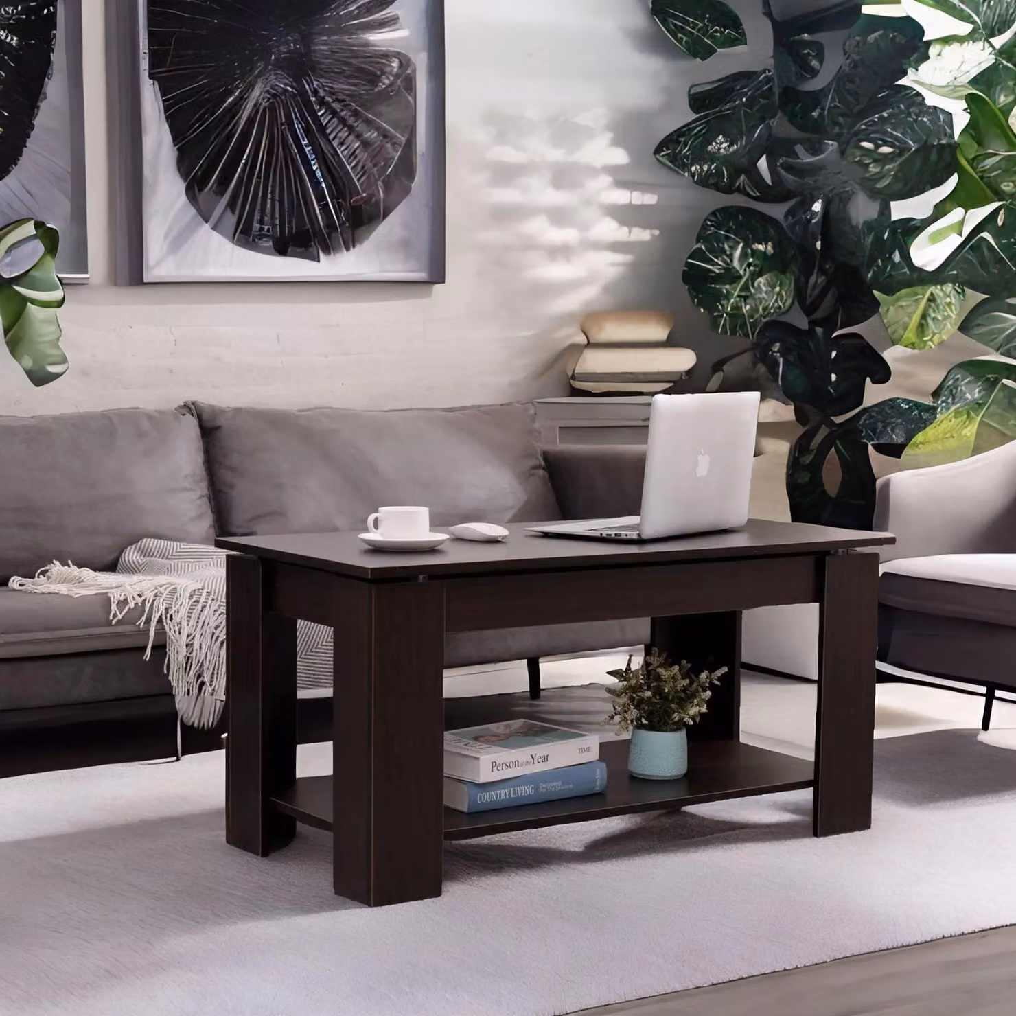 Rafaelo Mobilia Industrial Walnut Lift Top Coffee Table with Hidden Storage in Brown – 4