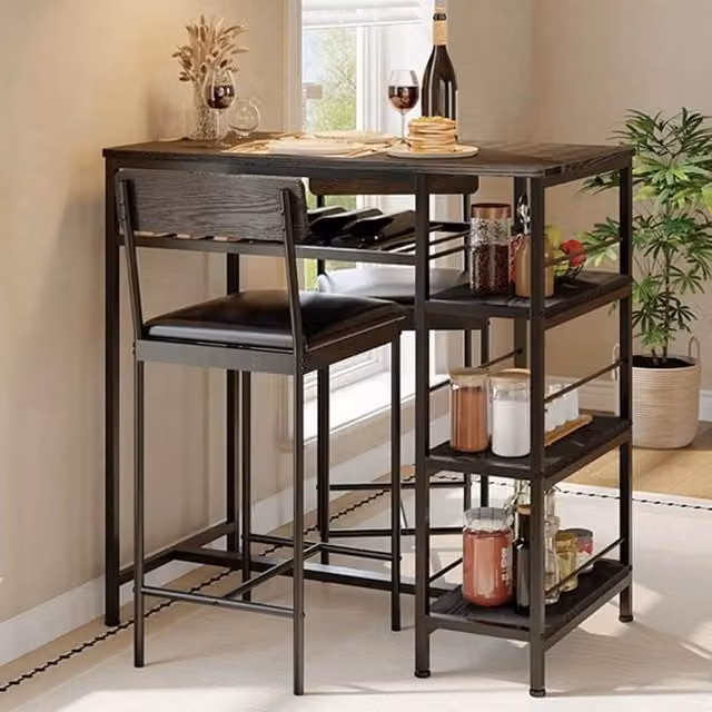 VOGREX 3-Piece Modern Square Dining Set with 2 Stools and Wine Rack in Black