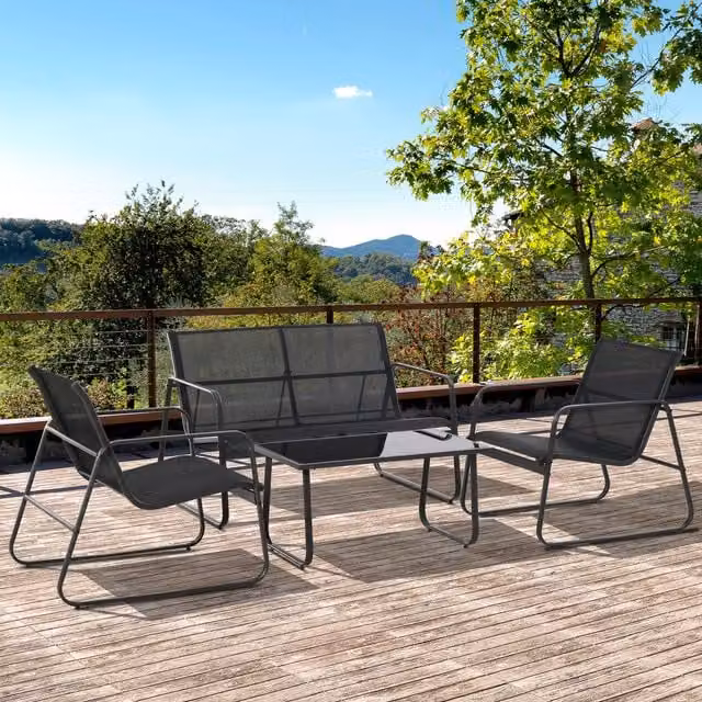 Outsunny Four Piece Modern Garden Furniture Set with Glass Top Table in Black