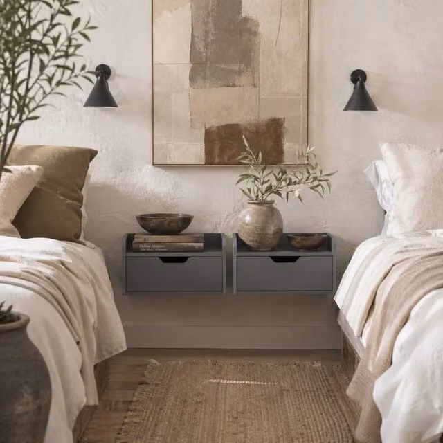 Wyld Haus Levaco Set of 2 Black Wooden Wall Mounted Bedside Tables with Drawer – 1