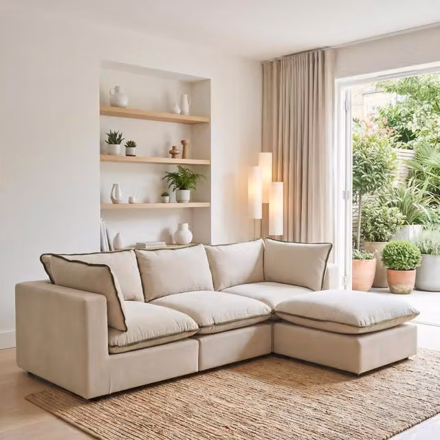 Furniturebox UK Echo 3 Seater Modular L-Shape Chaise Sofa in Beige and Green Fabric with Matching Ottoman