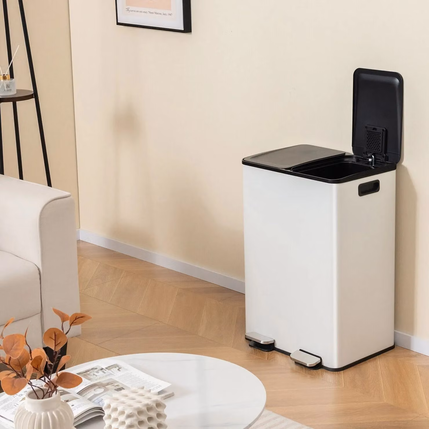 Costway 60L Dual Bin Trash Can with 2 x 30L Classified Compartments and Deodoriser in White – 4