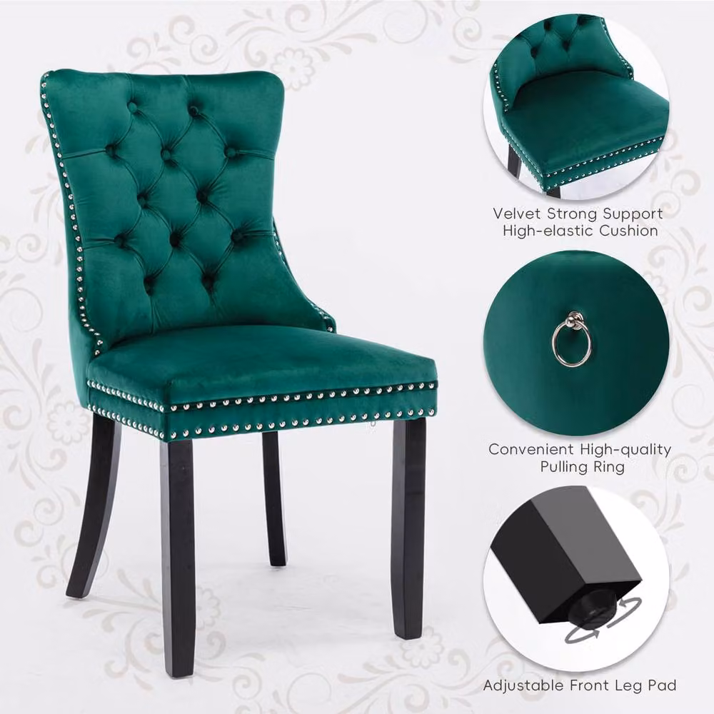 HomeTouch Romsey Set of 6 Velvet Upholstered Dining Chairs with Oak Legs and Knocker Ring Back in Dark Green – 4