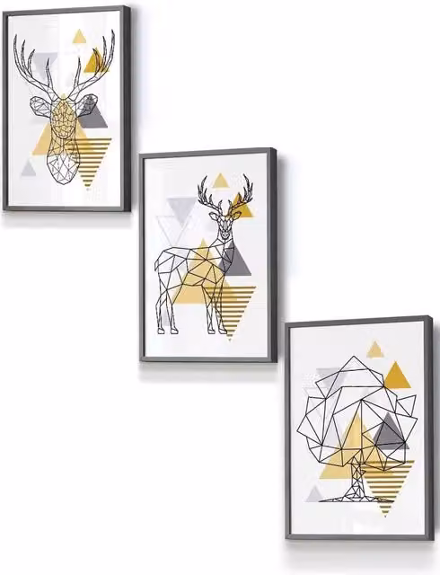 ARTZE Geometric Line Art Yellow Stags and Trees Framed Wall Art Set in Dark Grey, W: 33 cm, H: 45 cm, D: 2 cm