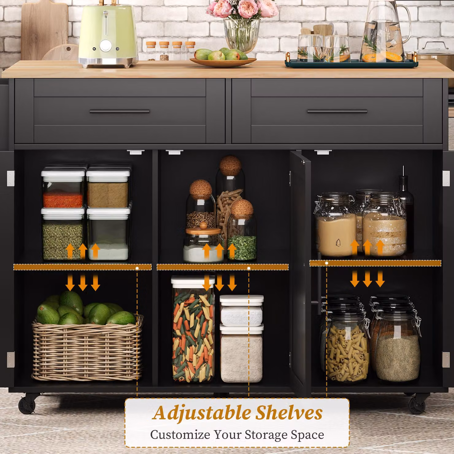 Aosom UK Mobile Kitchen Island Trolley with 2 Drawers, Cabinets and Foldable Tabletop, Black and Beige, W: 129 cm, D: 46 cm, H: 91.5 cm – 5