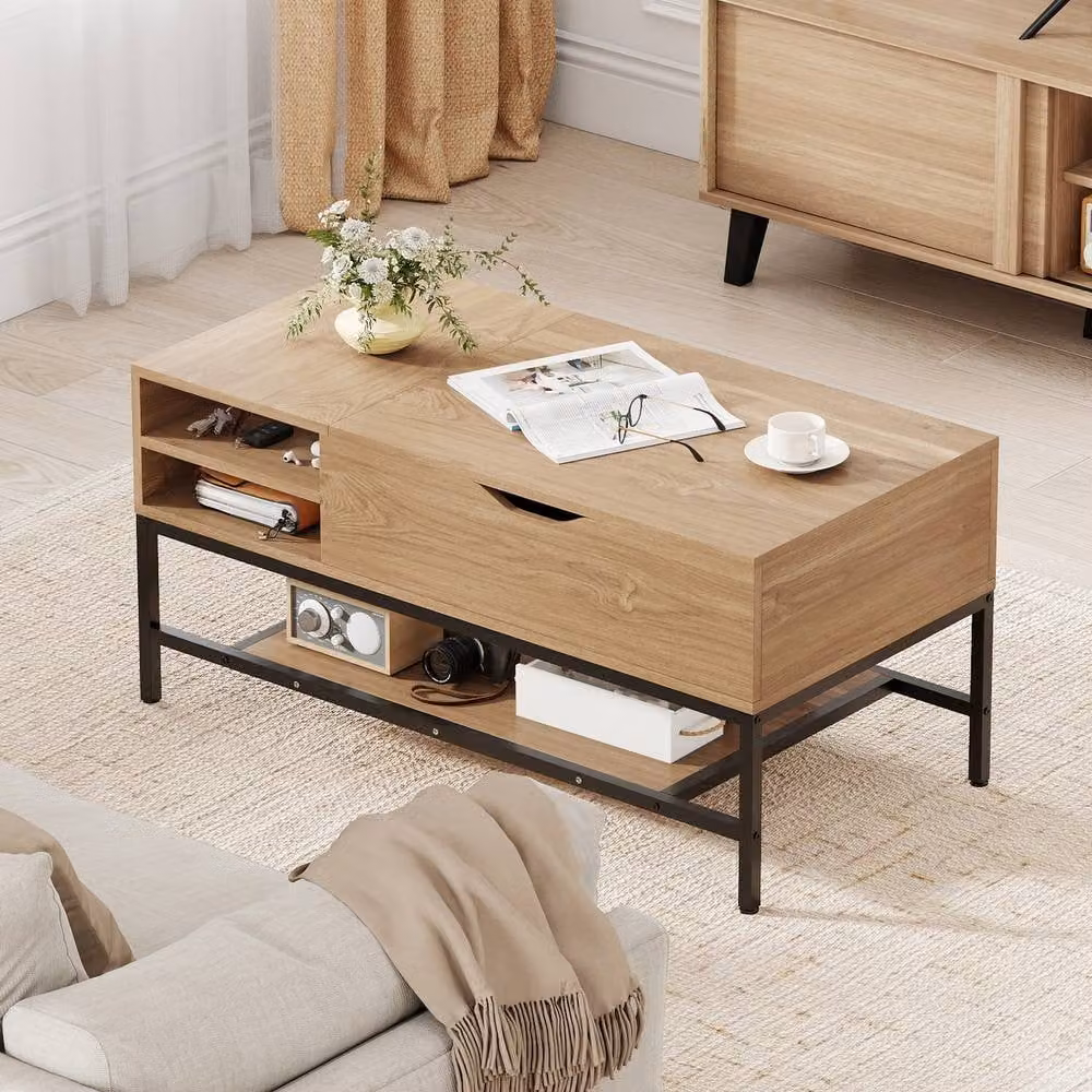 Costway Modern Rectangular Lift Top Coffee Table with Storage Shelf in Brown – 2