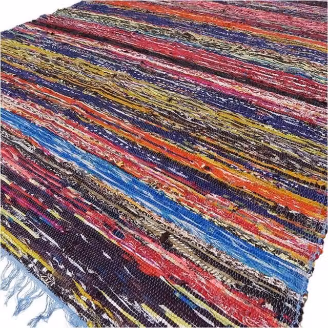 KDMK Blue and Multicolour Striped Boho Rectangular Rag Rug