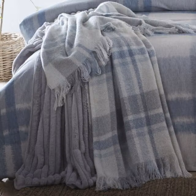 Appletree Verbier Hygge Blue Checked Faux Mohair Bedspread W/D: 130 x 180 cm