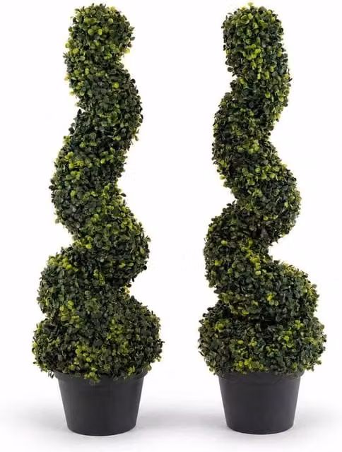 NESTLUNE Set of 2 Green Artificial Topiary Boxwood Spiral Tabletop Trees