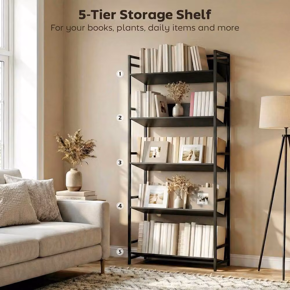 HOMCOM 5-Tier Metal Bookcase in Black with Anti-Slip Design – 4